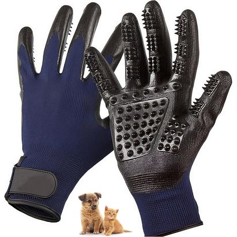 Grooming Gloves - 2 Pieces, Dark Blue, 5 Fingers, Adjustable, Hair Removal, Massage, Comfortable, Breathable, Durable, Easy to Clean for Long Haired Cats, Dogs and Horses (1/5)