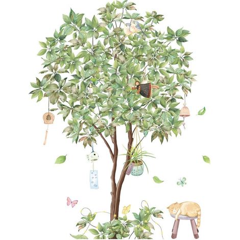 1pc grandes feuilles vertes arbre sticker mural carillons éoliens stickers muraux peler et coller chat oiseau mur art décalcomanie pour chambre d'enfant salle de classe bureau (1/5)