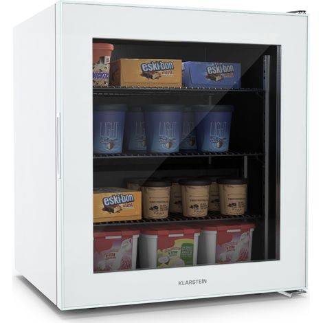 Klarstein IceAge 88 Mini Freezer, 88L Capacity, Adjustable Temp 0 to -18°C, LED Lighting, 3 Shelves, Glass Door, Energy Class E, Compact Tabletop Design, Ideal for Small Spaces, White