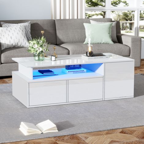 Tavolino da salotto bianco 100x50x35 cm con LED, 2 cassetti, truciolare, MEUBLIV (1/5)
