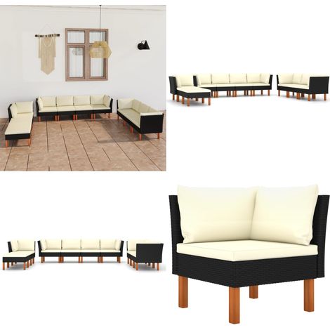 Set Divani da Giardino 10 pz con Cuscini in Polyrattan Nero - Divani da esterno - Cuscini da seduta