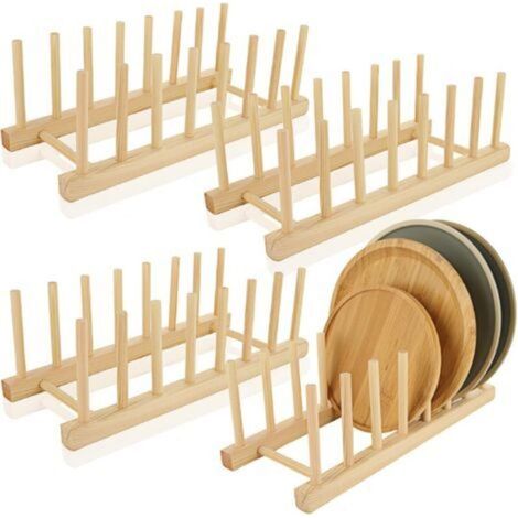 Set of 4 bamboo plate racks, wooden dish drainer, kitchen lid holder, shelf for pots, cups, books, CDs, 7 slots