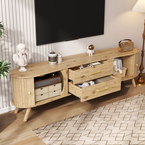 REDOM Mueble TV 160x36.5x55 cm, 2 puertas correderas, 2 cajones, relieve vertical, MDF color natural (1/5)