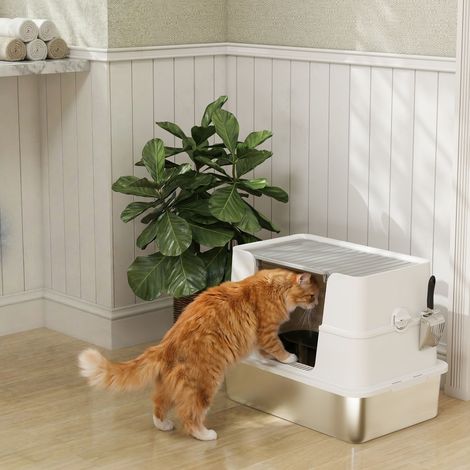 Bac à litière pour chat, en acier inoxydable, grand format, avec pelle, gris clair