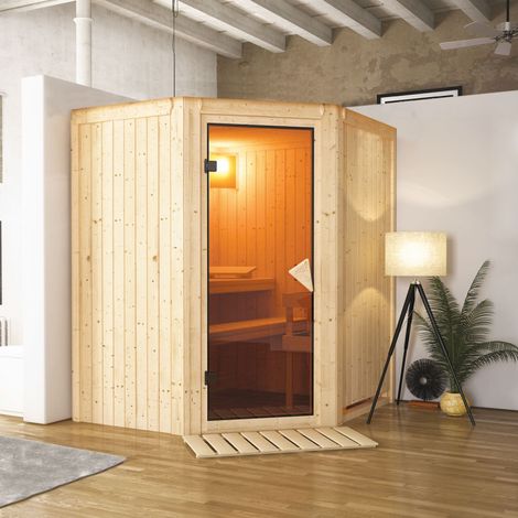 Sauna d'angle 3 places 68mm poêle 9kW Karibu Taurin sans couronne (1/5)