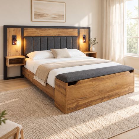 Lit 160 x 200 cm effet chêne avec banc coffre, chevets intégrés, liseuses et ports USB-C HAVRYA (1/5)