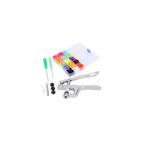 Kit de boutons-pression comprenant une machine à coudre, une pince à presser manuelle et un ensemble d'outils. (1/5)