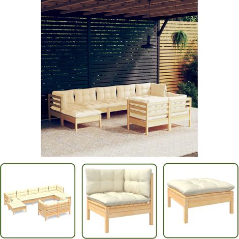 The Living Store 9-tlg. Garten-Lounge-Set mit Creme Kissen Massivholz Kiefer - Gartengeräte - Gartenmöbel - Lounge Set - Kiefernholz Möbel - Outdoor Furniture (1/5)