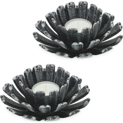 Relaxdays Pack de 2 Portavelas, Forma de Flor, Candelabros Hierro Fundido, Interior y Exterior, 6x13,5cm, Plateado
