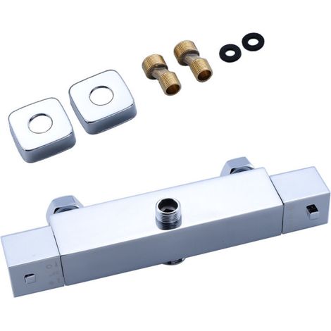 Mitigeur de Douche, Robinet de Douche Thermostatique avec 2 Sortie, Sortie Supérieure 3/4" BSP(26.4mm) et Sortie Inférieure 1/2" BSP(21mm), Forme Carrée, Laiton, Finition Chromée (1/5)