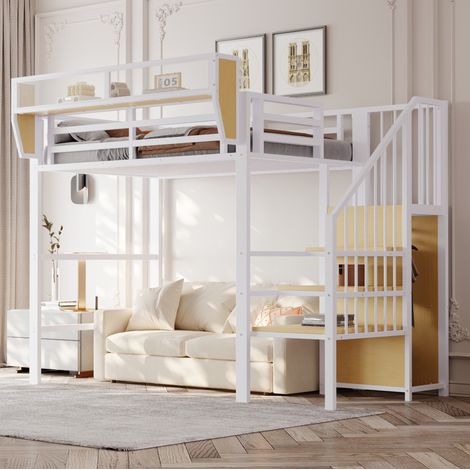 Lit mezzanine 90/200 cm en métal blanc avec échelle sécurisée et étagère modulable (1/5)