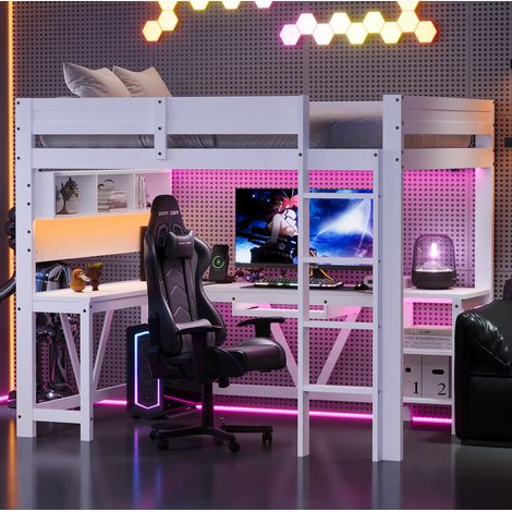 Letto rialzato 90x200 cm con scrivania, ripiani, LED e porte USB, in legno bianco, materasso non incluso (1/5)