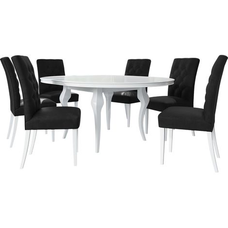 Conjunto de mesas y sillas para comedor Racine 129, Blanco brillante + Magic Velvet 2219, 76x0x0cm, Diámetro: 100, Número de asientos: 6, Estilo: Contemporary