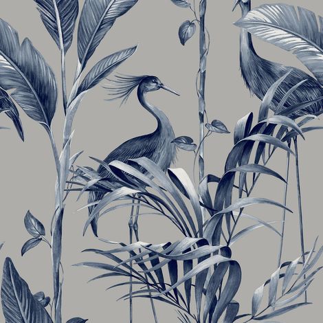 Azzurra Wallpaper Belgravia Décor Wood Tropical Metallic Leaf Navy Silver