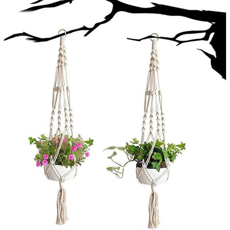 Suspension pour plantes en macramé (2 pièces), panier à fleurs suspendu en corde de coton, jardinière suspendue en branches pour la décoration intérieure, le jardinage au bureau, 4 pieds (1/5)