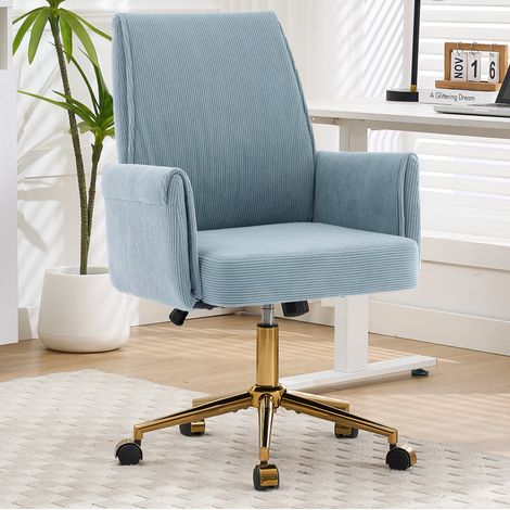 Sedia ufficio ergonomica regolabile in altezza, velluto a coste blu, base dorata DESVIAE (1/5)