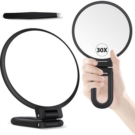 Miroir grossissant 30X double face 1X/30X avec poignée, pliable et portable pour maquillage précis en déplacement (noir mat) (1/5)
