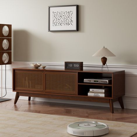 Mueble TV vintage para televisores de hasta 65 pulgadas, con almacenamiento, puertas de ratán y acabado madera oscura (1/5)