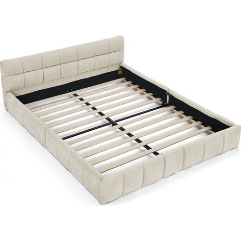 CAIziLit double 140x200 cm chenille beige cadre bois eucalyptus métal (1/5)