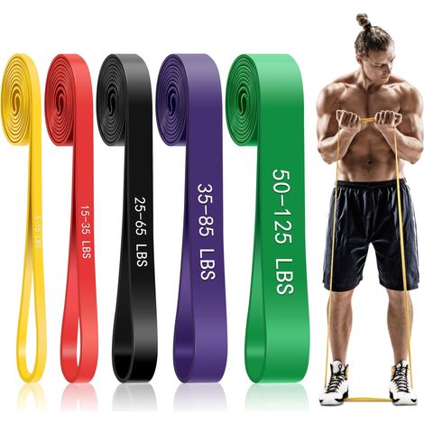 Élastiques de musculation 5 niveaux, bandes d'assistance aux tractions Résistance de 5 à 125 lb, fitness, entraînement complet du corps, kinésithérapie (1/5)