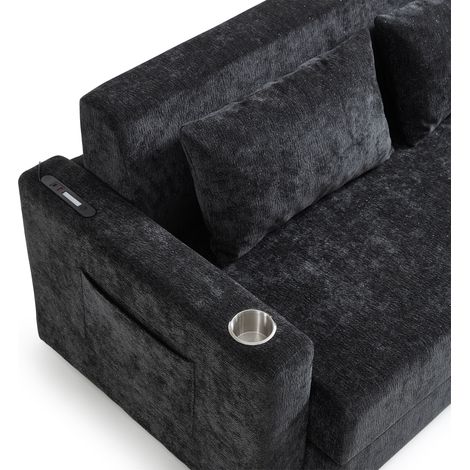 Canapé-lit au sol pour deux personnes, modèle transformable 2-en-1 en Polyester brillant, équipé de port USB et deux coussins inclus (1/4)