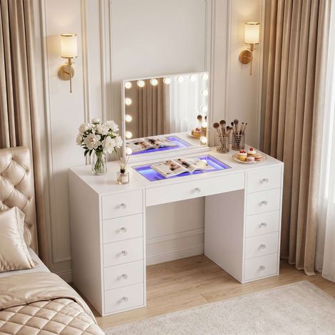FENCHILIN Coiffeuse avec Miroir LED 11 Tiroirs Blanc 130 x 55 x 127 cm