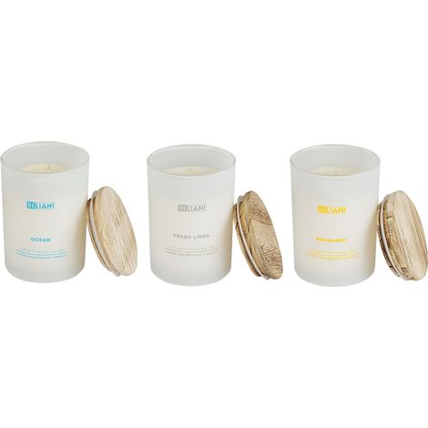 Set di 3 candele profumate 100% cera di soia Stoppino di cotone Vetro bianco Fragranza Oceano/Bergamotto/Lino fresco Vetro classico