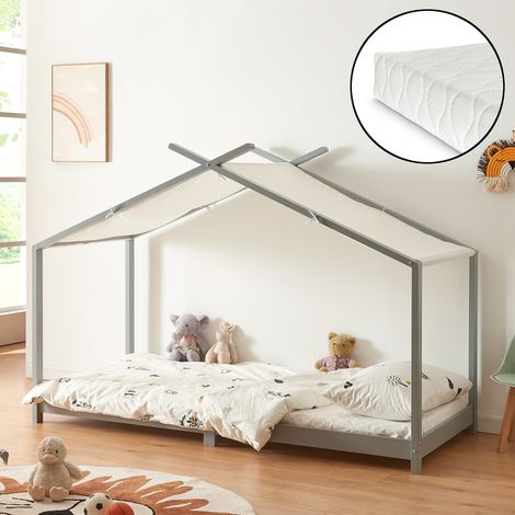 Cama para niños Brome Forma casita con colchón y techo pino 90x200cm - Gris y Blanco [en.casa]