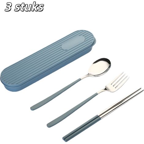 Ensemble de 3 couverts portables en acier inoxydable comprenant baguettes cuillère et fourchette avec pochette pour étudiants et employés de bureau couleur bleue (1/5)
