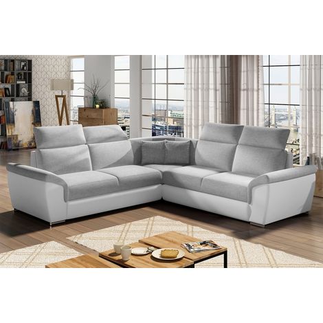 Canapé d'angle - convertible - FELIPE - en tissu gris clair et simili cuir blanc, 5/6 places (1/5)
