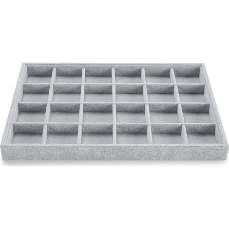 Plateau À Bijoux - 24 Compartiments - Velours Et Bois - Séparateurs Réglables - Pour Tiroir Et Coiffeuse - Gris (1/5)