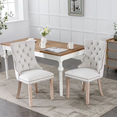 Lot de 2 chaises de salle à manger en tissu de lin beige, dossiers hauts capitonnés, assises rembourrées, clous décoratifs, pieds en bois massif (1/5)