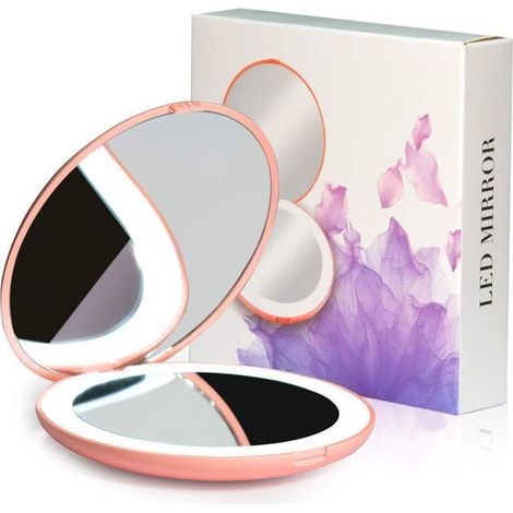 Specchio LED compatto, specchio da viaggio illuminato, ingrandimento 10x, portatile, a doppia faccia, specchio per il trucco portatile per tasca, borsa, regalo, rosa, rotondo da 8,9 cm --Crezuo