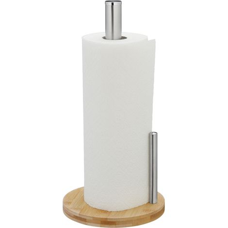 Relaxdays Portarotoli da Cucina, Porta Scottex con Ferma Carta in Acciaio Inox, 33 x 16 cm, Bambù, Naturale Argentato