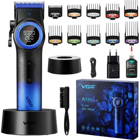 Professional Men's Hair Clipper with Ceramic Blades Cordless Clipper Pro Gradient Hair Cutting and Hairdresser, 9000RPM, Digital LED Display, Metal Handle, Blue (1/5)