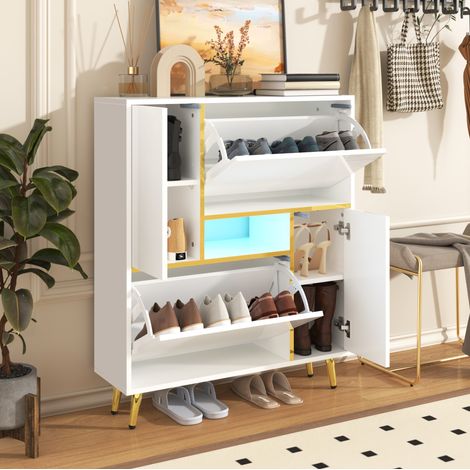 meuble rangement chaussures portes LED 80x25x96 blanc OKMYHOME (1/5)