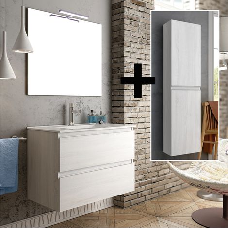 Ensemble meuble de salle de bain 100cm simple vasque + colonne de rangement - hibernian (bois blanchi) - BALEA (1/5)