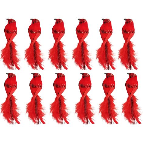 Lot de 12 Oiseaux Artificiels Rouges Tête Inclinée Décoration de Noël Ornement de Jardin Faux Oiseau (1/5)