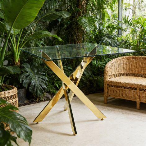 Table à manger carrée 80x80x75 cm en verre trempé avec pied croisé en métal doré REDOM (1/5)