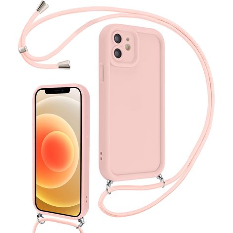 Coque pour iPhone 12 6,1" avec Cordon de Collier Réglable, Etui Protection de la Caméra Silicone Souple TPU Antichoc Housse avec Corde Lanyard Cover pour Femmes Filles, Rose (1/5)