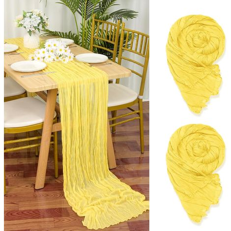 Lot de 2 Chemins de Table en étamine en Jaune Clair, 90 x 300cm en Tissu de Gaze Rustique,Jaune décoration de Table de Mariage Nappe pour fête de Douche Nuptiale décorations de Table (1/4)