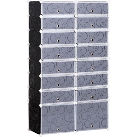Armoire à Chaussures Modulable Range Chaussures L 95 x l 37 x H 160 cm 14 Cubes rectangulaires et 2 Grands Cubes Noir et Blanc en plastique