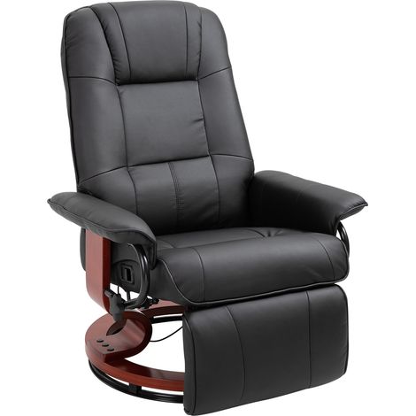 Fauteuil relax inclinable 145° avec repose-pieds manuel, revêtement simili cuir noir, pied en bois, fauteuil pivotant 360° 78x87x100 cm (1/5)