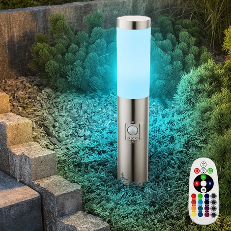 Lampada da terra E27 piantana giardino luce esterna rilevatore di movimento, telecomando dimmerabile memoria IP44, sensore, acciaio inox silver opale, 1x RGB LED 8.5W 806Lm 3000K, DxH 7.6x45cm
