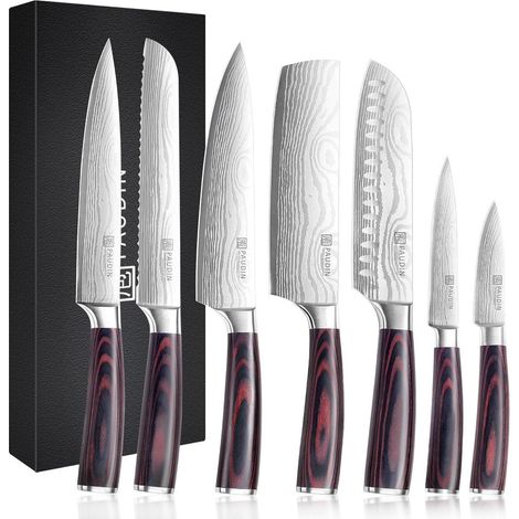 Ensemble de 7 couteaux de cuisine en acier inoxydable, lames tranchantes, manche ergonomique en bois (1/5)