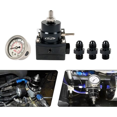 Universal automotive fuel turbocharger modification, aluminum alloy fuel pressure regulating valve, AN6 fuel pressure regulator with gauge. (1/5)