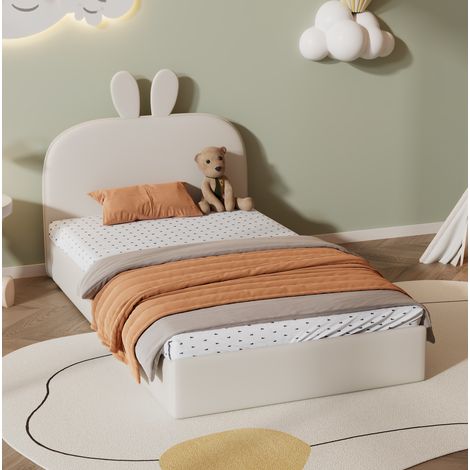 Kinderbett Polsterbett Samt Beige 90x200 cm mit Kaninchen-Kopfteil und Holzlattenrost (1/5)