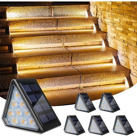 6 Packs Lampe Solaire pour Escalier Exterieur, Lampes Solaires D'escalier 3000K Blanc Chaud, Lumiere Solaire Escalier IP67 Etanche pour Marches Jardin Terrasse Escaliers Patio-Lot de 6