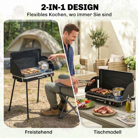 Grill à gaz portable 2 brûleurs 7 kW 2-en-1 gril de table avec fonction rôtissage, pieds pliables, grille, pare-vent, couvercle et fermeture (1/5)