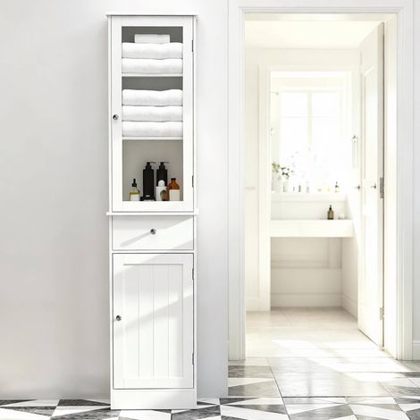 Badezimmer-Hochschrank 40 x 27 x 171,5 cm, MDF/Acryl weiß, platzsparend – MEUBLIV (1/5)